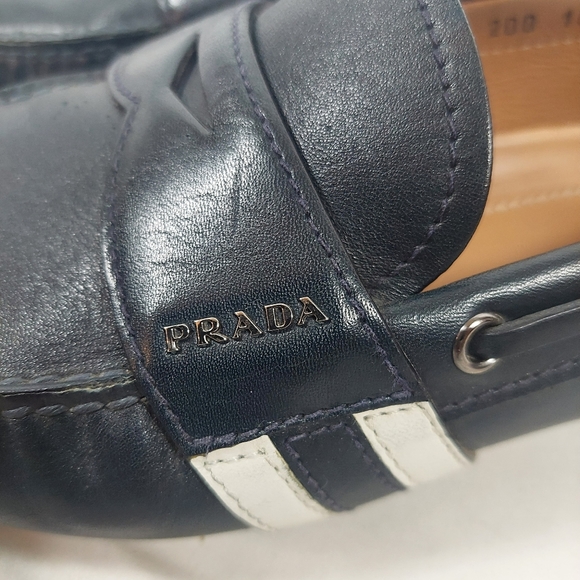 Prada Men's Navy/White Stripe Detail Penny Loafer Moccasin Shoes - Picture 8 of 13